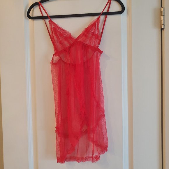 Red sheer babydoll lingerie sleepwear dress with open front slit OS - Picture 8 of 9
